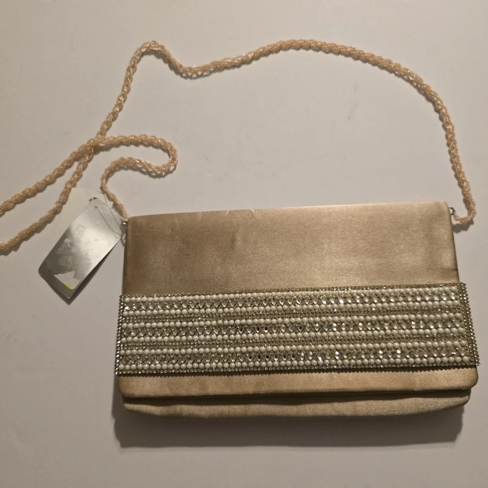 Nina Champagne Satin Clutch Pearl Rhinestone Embellished Evening Bag NWT‎